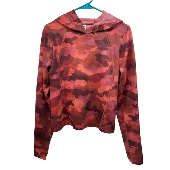 Athleta Pinnacle Cropped Hoodie Top Medium Red Mantra Print Thumb Holes - Picture 4 of 8